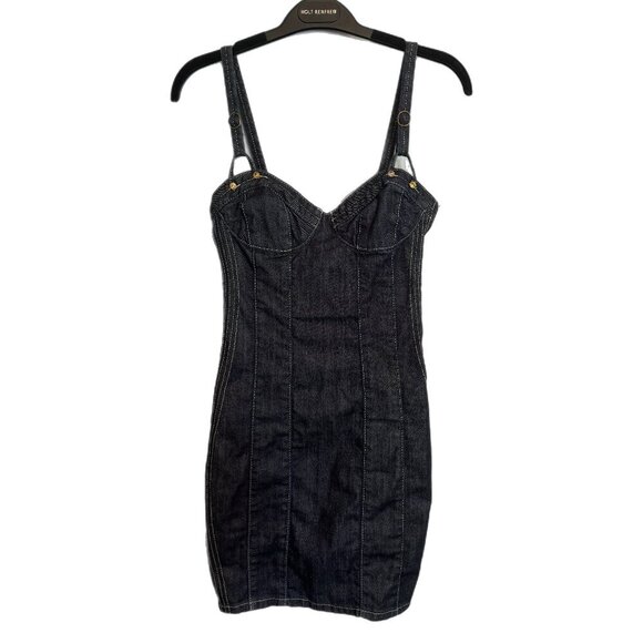 Guess Jeans Y2K Denim Lace Up Back Corset Bodycon Bustier Mini Dress Size 1 XS - Picture 3 of 16